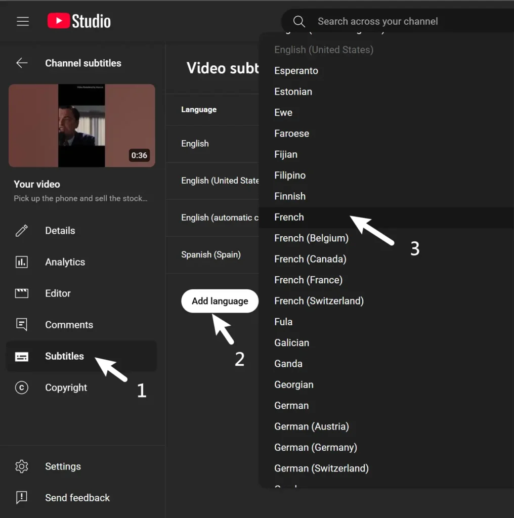 Go over to "subtitles" then click "add language"