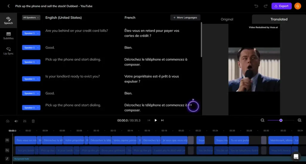 Edit and redub the translated transcript on vozo