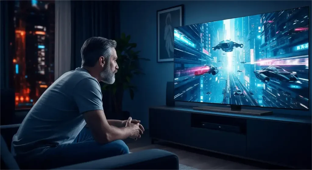 A man watching a sci-fi movie with translated dub