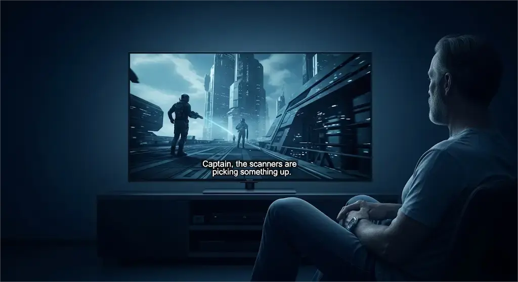 A man watching a sci-fi movie with subtitles on a large screen.