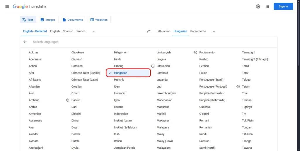 Select the Target Language in Google Translate