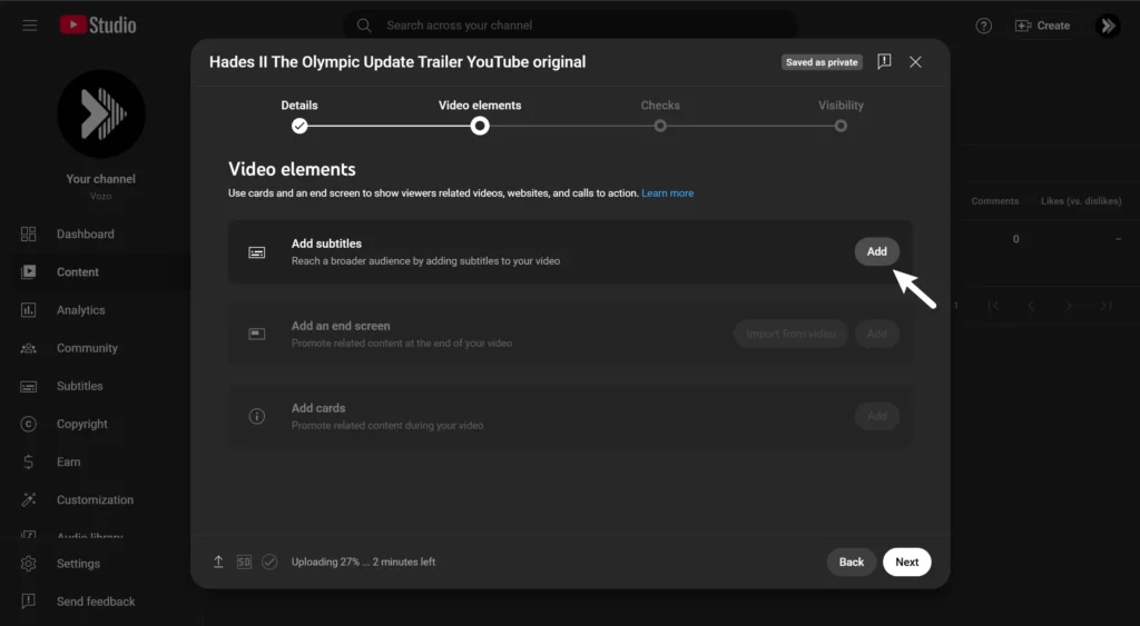 Click "Add Subtitles" in Youtube Studio