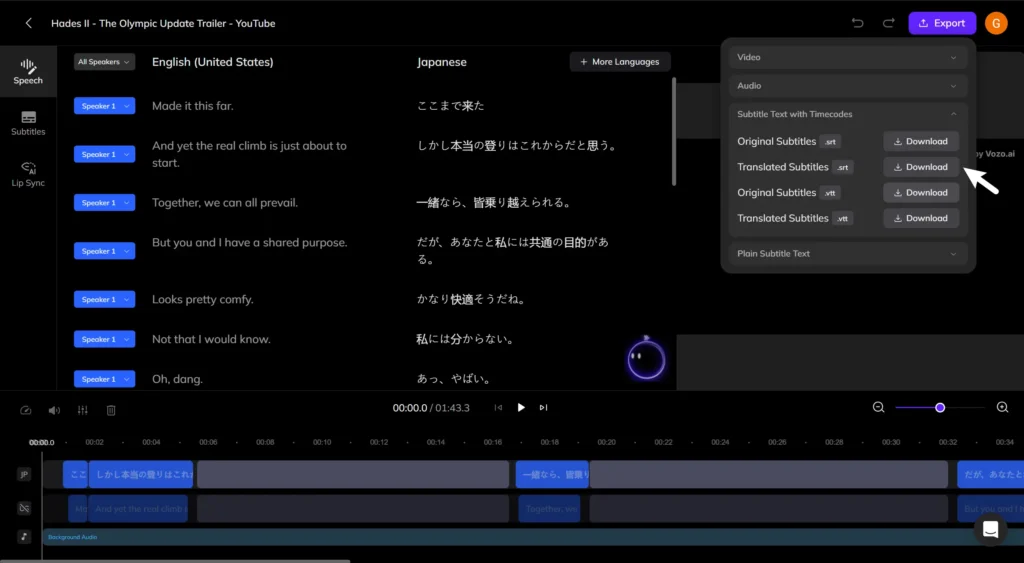 Export Translated Subtitles (srt. or .vtt) from Vozo
