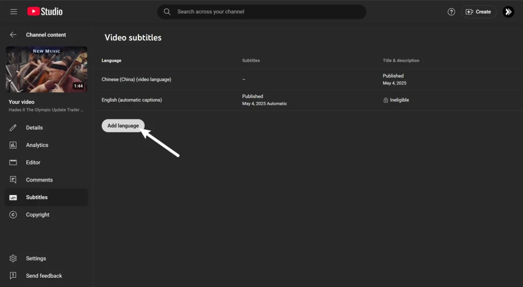 Add Language in Youtube Studio